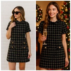 Tuckernuck Jackie Tweed Mini Dress Short Sleeve Holly Tinsel Black Gold XL NWT